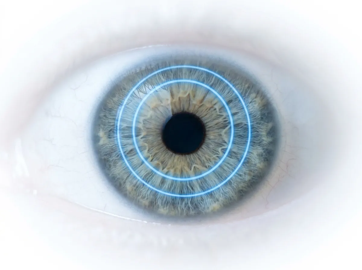 Macro photograph of an eye with blue calibration rings drawn over the iris.